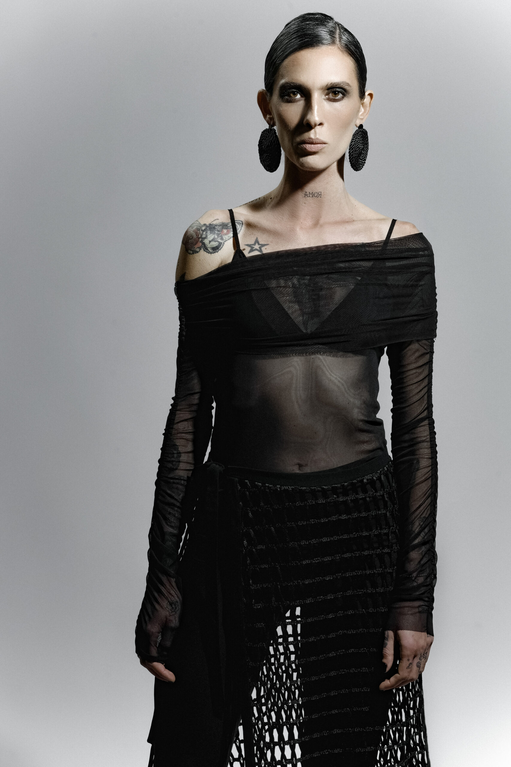 Draped Mesh Long Sleeve Top